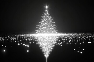 Wall Mural - Elegant black and white Christmas tree with shimmering lights reflecting beautifully on a dark surface.