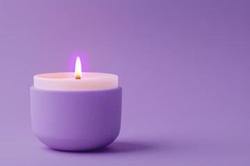 Wall Mural - A white candle with a soft purple flame, sitting in a minimalist purple holder. A faint glow adds a calm and meditative vibe. 