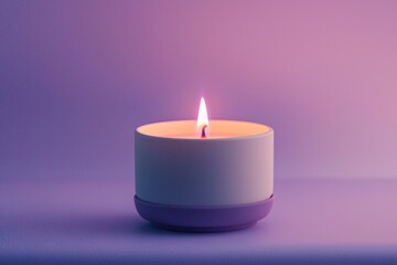 Wall Mural - A white candle with a soft purple flame, sitting in a minimalist purple holder. A faint glow adds a calm and meditative vibe. 