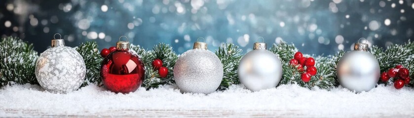 Poster - Festive holiday scene with shimmering ornaments, snow, and evergreen branches, creating a cozy winter atmosphere.