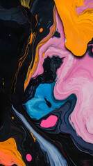 Poster - Fluid acrylic paints mixing and swirling together, creating a vibrant and abstract composition with dynamic shapes and colors