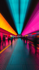 Poster - Futuristic subway station with vibrant lighting and blurred commuters walking. Immersive appeal