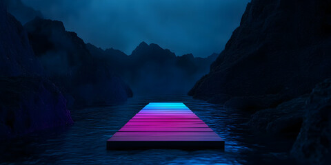 Poster - Vibrant path floating on water, leading towards majestic mountains, creating an otherworldly and immersive night scene