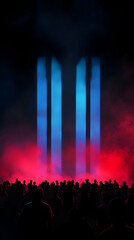 Poster - Immersive light show casting vibrant blue beams into swirling red fog while a captivated crowd watches in awe, embracing the energy of the moment