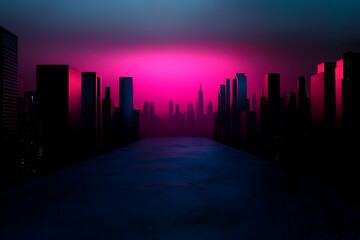 Poster - Nighttime Cityscape with Synthwave Aesthetic, Empty Street and Neon Lights Creating a Futuristic Retro Vibe. Immersive appeal
