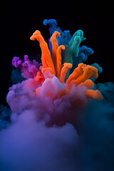 Poster - Colorful ink clouds mixing in water, creating a mesmerizing abstract spectacle against a black background