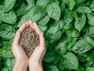 Poster - Serene Gardening Hands Cradling Heirloom Seeds Amidst Lush Green Leaves