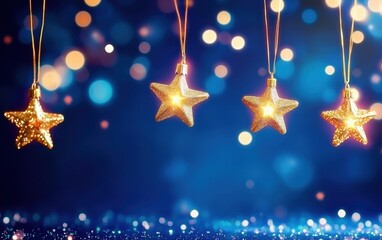 Poster - Shiny golden stars hanging against a sparkling blue backdrop, creating a festive and magical atmosphere.