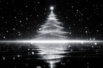Poster - A glowing Christmas tree surrounded by falling snowflakes, reflecting on a calm surface, capturing winter magic.
