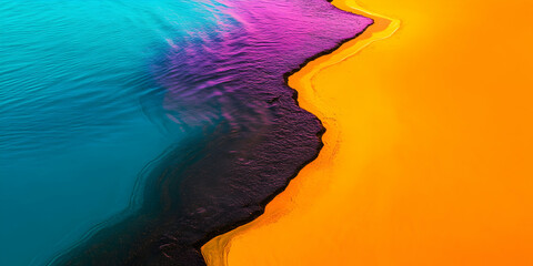 Poster - Turquoise, purple, and orange liquids flowing and mixing, creating an immersive and visually appealing abstract pattern