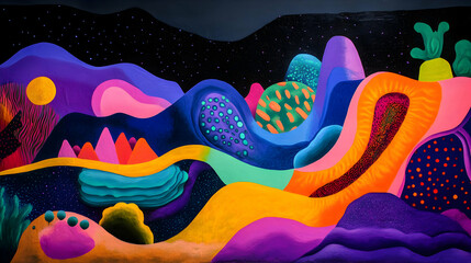 Poster - Colorful abstract landscape painting featuring swirling shapes and bold colors under a starry night sky, creating an immersive atmosphere