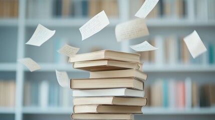 Poster - Timeless Learning Stacked Books and Floating Handwritten Notes Illuminated by Muted Lighting