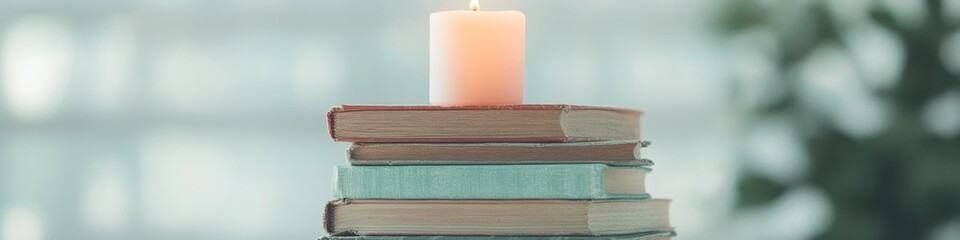 Poster - Stack of Vintage Books with Glowing Candle Timeless Learning and Nostalgic Ambiance