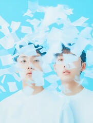 Poster - Dreamlike Korean Scholars with Floating Papers in Surreal Minimalism