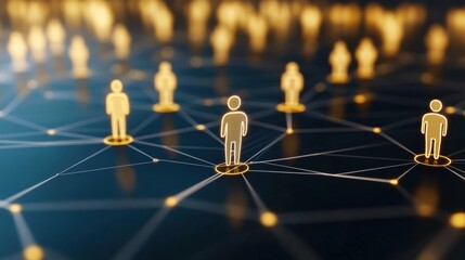 Poster - Abstract representation of digital networking with golden figures connected by lines, symbolizing connectivity and communication.