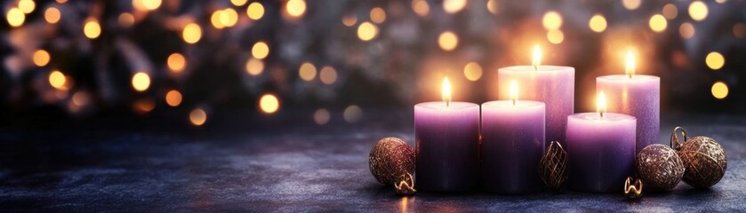 Wall Mural - Elegant purple candles glowing softly amidst a backdrop of festive bokeh lights, perfect for serene ambiance.