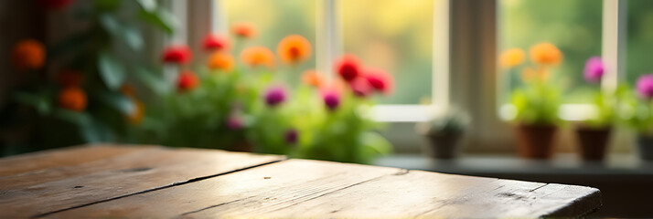 Poster - A worn wooden tabletop is positioned beside a blurred window view, showcasing vibrant flowers from the adjacent garden in the morning light._00001_