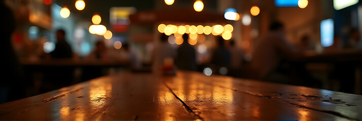 Aufkleber - A worn wood table top in a dimly lit bar at night with a blurred out city cafe in the background._00003_