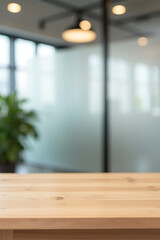 Aufkleber - A wooden tabletop sits atop a blurred white glass wall in an office setting, forming a versatile backdrop for product displays._00001_