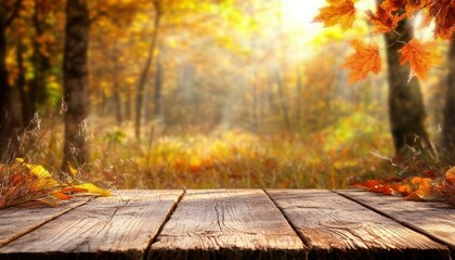 Wall Mural - Serene autumn forest with warm sunlight filtering through colorful leaves and a rustic wooden platform in focus.