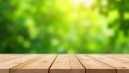 Poster - A wooden table top with a blurred bokeh of fresh green foliage from a garden setting suitable for product display._00002_