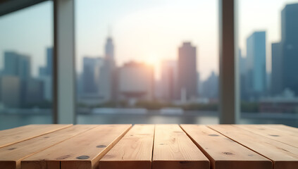 Poster - A wooden table top is positioned against a blurred window glass backdrop featuring a cityscape in the distance._00003_