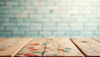 Poster - A wooden table top features a colorful design against a subtle pastel colored brick background image._00003_