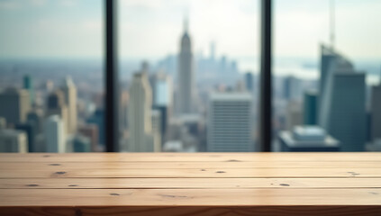 Poster - A wooden table top is positioned against a blurred window glass backdrop featuring a cityscape in the distance._00001_