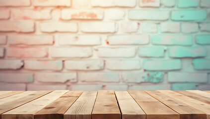 Poster - A wooden table top features a colorful design against a subtle pastel colored brick background image._00001_