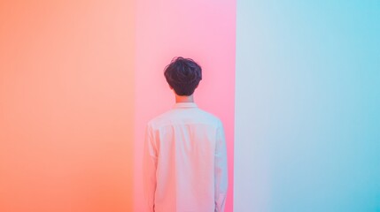 Poster - Young Man in White Shirt Against Dreamy Pastel Background—Abstract Korean Interpretive Visual