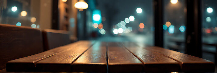 Aufkleber - A wooden table sits empty amidst a snowy night scene outside a quiet cafe or restaurant window._00002_