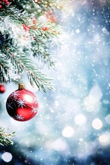 Poster - A sparkling red Christmas ornament hanging from a snowy tree branch, creating a festive winter atmosphere.