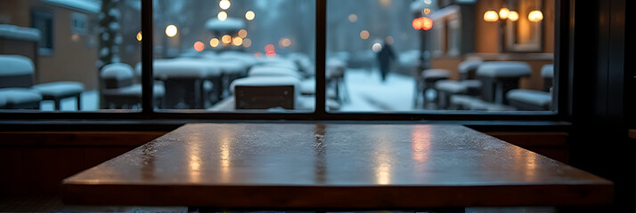 Aufkleber - A wooden table sits empty amidst a snowy night scene outside a quiet cafe or restaurant window._00001_