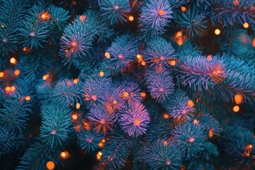 Poster - Close-up of vibrant pine branches adorned with warm glowing lights, creating a festive and magical winter atmosphere.