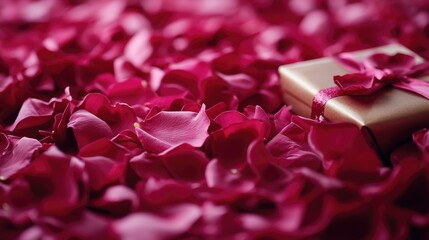 Sticker - Romantic scene of rose petals scattered around a beautifully wrapped gift box for special occasions and celebrations.