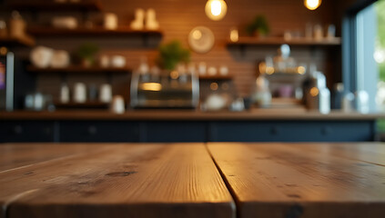 Poster - A wood tabletop is partially obscured by a counter in a cafe shop with a lit light bulb as its background._00003_