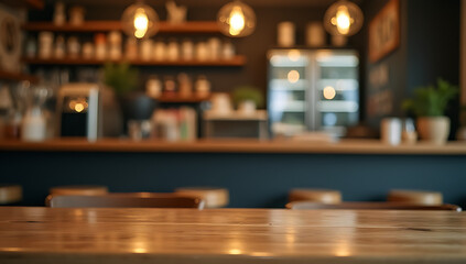Poster - A wood tabletop is partially obscured by a counter in a cafe shop with a lit light bulb as its background._00001_