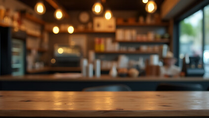 Poster - A wood tabletop is partially obscured by a counter in a cafe shop with a lit light bulb as its background._00002_
