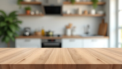 Aufkleber - A wood table top with a blurred kitchen counter in the background is in selective focus._00002_
