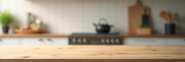 Aufkleber - A wood table top is featured against a blurred kitchen background for use in a product display or design concept image._00003_