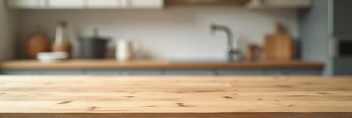 Aufkleber - A wood table top is featured against a blurred kitchen background for use in a product display or design concept image._00002_