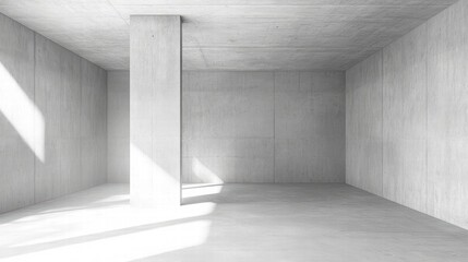 Poster - Spacious empty room with concrete walls and natural light illuminating minimalistic architecture.