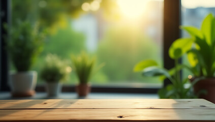 Aufkleber - A wood table top blends into a blurred view of gardens through a greenish tinted window in the morning cityscape._00002_