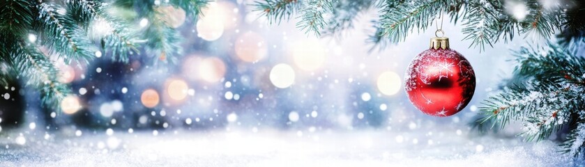 Poster - A festive Christmas scene with a red ornament hanging on a snow-covered pine branch surrounded by shimmering snowflakes.
