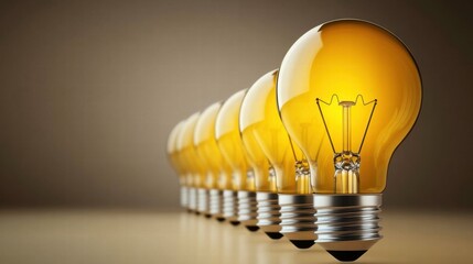 Poster - bright yellow light bulbs lined up, showcasing creativity and innovation in design and technology. p