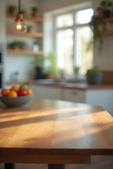 Poster - A wood table sits atop a blurred kitchen counter with a room background visible through the haze of distortion._00002_