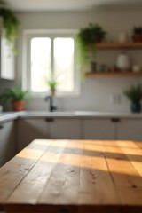 Poster - A wood table sits atop a blurred kitchen counter with a room background visible through the haze of distortion._00001_