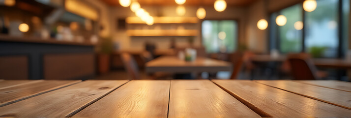 Poster - A wood grain tabletop is paired with a blurred light effect and bokeh against a restaurant or cafe background._00003_