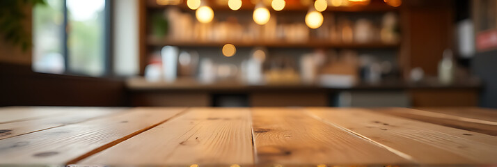 Poster - A wood grain tabletop is paired with a blurred light effect and bokeh against a restaurant or cafe background._00002_