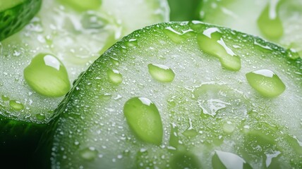 Macro shot of cucumber slice with water droplets. Fresh green vegetable for beauty and cosmetic.